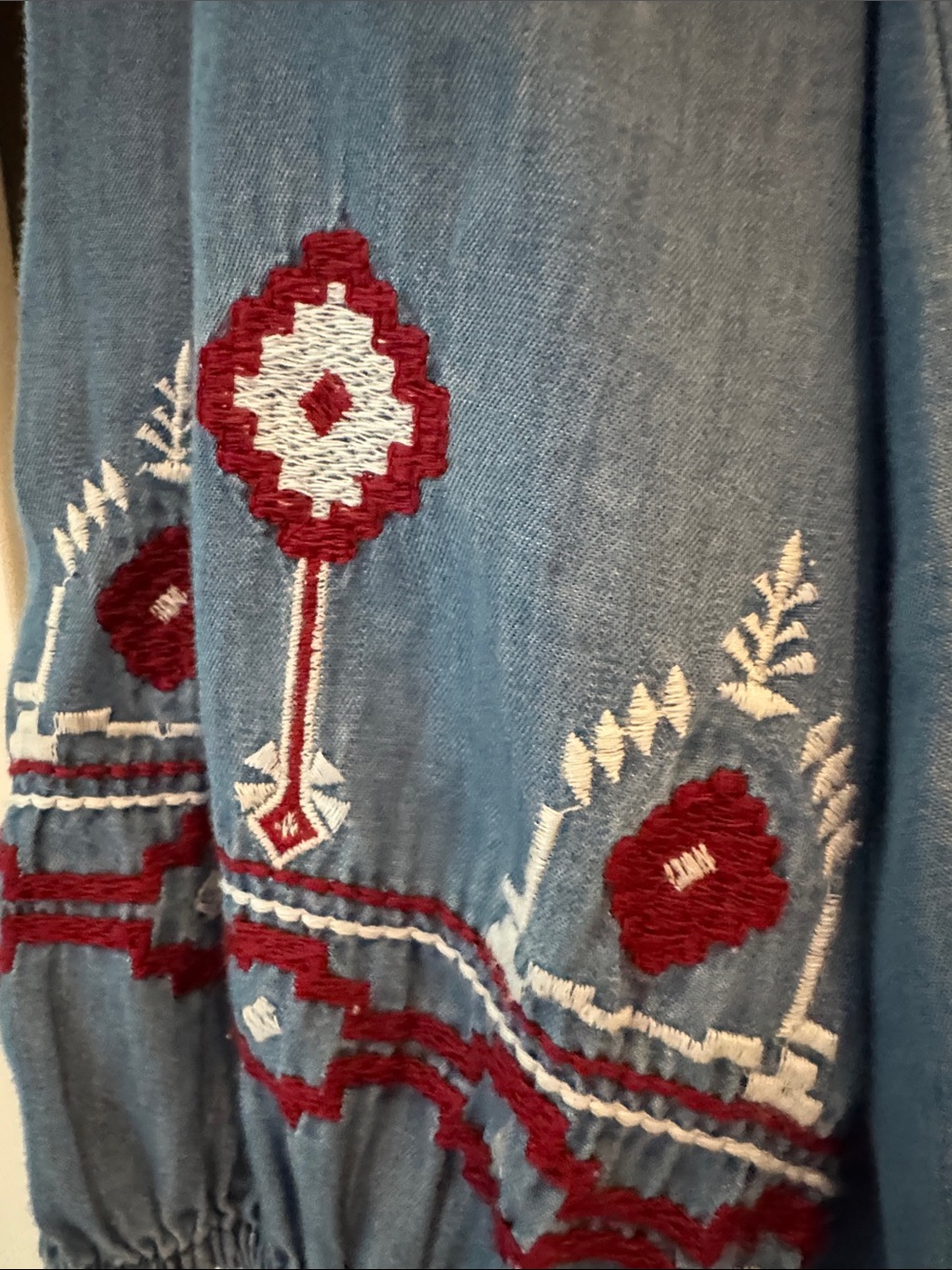 Style & Co. Blue Embroidered Peasant Blouse with Red Trim - Picture 3 of 6